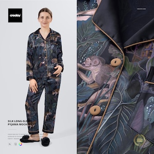 Peut inclure: Un ensemble de pyjama en soie avec un imprimé sombre sur le thème de la jungle. Le haut à manches longues et le pantalon présentent un motif de singes, de feuillage et d'autres animaux. L'ensemble a une fermeture boutonnée et une bordure contrastante.