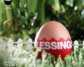Easter Egg in Spring Garden PSD Mockup with Editable Color and Design