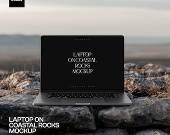 Laptop Screen PSD Mockup on Coastal Rocks for Website and App Designs