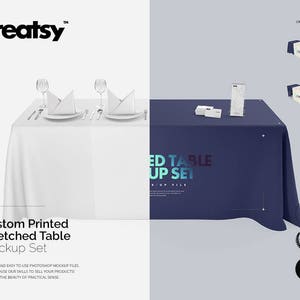 Bedrucktes Tischdecken-Mockup-Set (+ Läufer), kundenspezifische Tischdecke, Messetischdecke, Läuferabdeckung, individuell gedrucktes Messelogo, PSD
