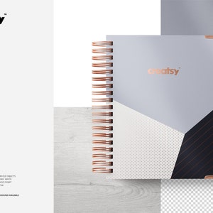 Op de afbeelding: Een grijs spiraalnotitieblok met een geometrisch ontwerp op de omslag. Het notitieblok heeft een ros&eacute;gouden rug en hoeken. De tekst "creatsy" is in ros&eacute;goud op de omslag gedrukt.