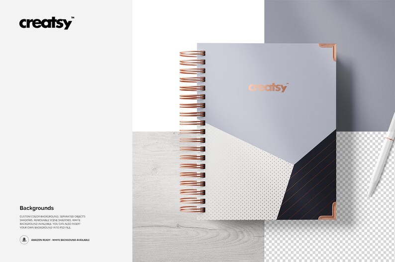 Op de afbeelding: Een grijs spiraalnotitieblok met een geometrisch ontwerp op de omslag. Het notitieblok heeft een ros&eacute;gouden rug en hoeken. De tekst "creatsy" is in ros&eacute;goud op de omslag gedrukt.
