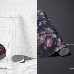 May include: A mockup of a wallpaper roll with a floral design. The wallpaper is dark blue with purple flowers and birds. The roll is on a gray background. The text "Wallpaper: color and design change (one side)" is visible in the image.
