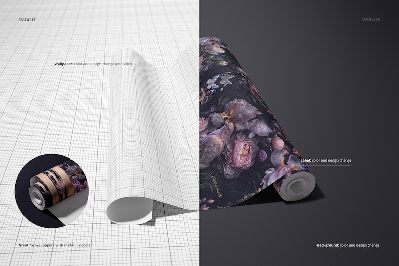 May include: A mockup of a wallpaper roll with a floral design. The wallpaper is dark blue with purple flowers and birds. The roll is on a gray background. The text "Wallpaper: color and design change (one side)" is visible in the image.