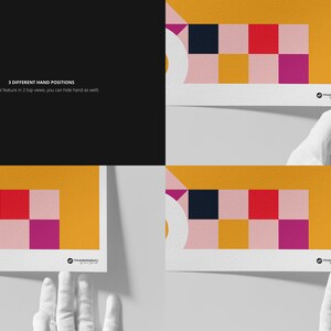 Może przedstawiać: Makieta plakatu z geometrycznym wzorem, w kt&oacute;rym znajdują się czarne, białe, czerwone, ż&oacute;łte, r&oacute;żowe i fioletowe kwadraty. Plakat leży na białym tle, a ręka go trzyma.