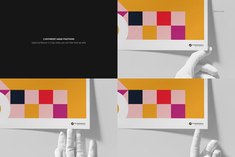 Może przedstawiać: Makieta plakatu z geometrycznym wzorem, w kt&oacute;rym znajdują się czarne, białe, czerwone, ż&oacute;łte, r&oacute;żowe i fioletowe kwadraty. Plakat leży na białym tle, a ręka go trzyma.