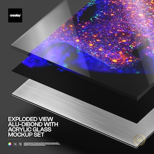 May include: An exploded view mockup set featuring layers of acrylic glass, a black layer, and an aluminum-dibond base. The top layer displays a colorful, abstract design with orange, blue, and purple hues. The text "EXPLODED VIEW ALU-DIBOND WITH ACRYLIC GLASS MOCKUP SET" is visible.