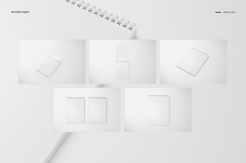 May include: Five different views of a white spiral bound notebook mockup. The notebook is on a white background.