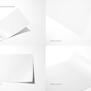 May include: Four images showing different views of a white paper mockup. The paper is folded and has a shadow. The text "FILES INCLUDED PSD MOCKUPS AND JPG PREVIEWS" is at the top of the image. The text "View 1 ratios 21,32, 1:1,45,54" is below the first image. The text "Closeup 1 (one size)" is below the second image. The text "View 2 ratios 2:3,32, 11,45,54" is below the third image. The text "Closeup 2 (one size)" is below the fourth image.