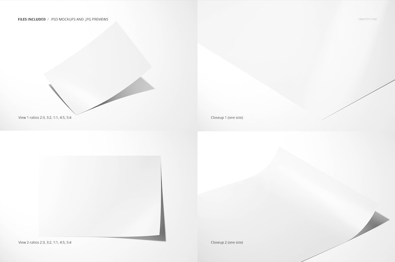 May include: Four images showing different views of a white paper mockup. The paper is folded and has a shadow. The text "FILES INCLUDED PSD MOCKUPS AND JPG PREVIEWS" is at the top of the image. The text "View 1 ratios 21,32, 1:1,45,54" is below the first image. The text "Closeup 1 (one size)" is below the second image. The text "View 2 ratios 2:3,32, 11,45,54" is below the third image. The text "Closeup 2 (one size)" is below the fourth image.