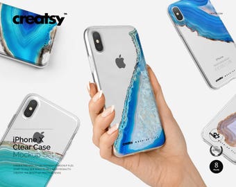 iPhone X Clear Case Mockup Set, Silicone Case Mockup Bundle, Iphone X Transparent Case in hand, Customize, Silver iPhone 10, Personalized