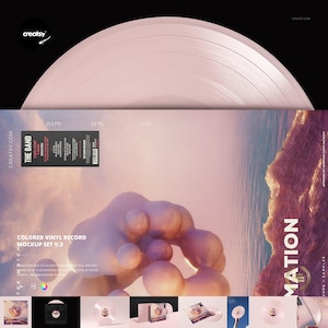May include: A pink vinyl record mockup set with the text "COLORED VINYL RECORD MOCKUP SET V.3". The image shows a close-up of the record, a record sleeve, and other related items. The background has a soft, abstract design.