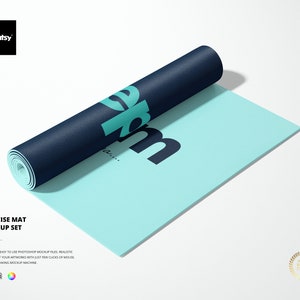 May include: A rolled up blue exercise mat with a light blue surface. The mat is partially unrolled, revealing the light blue surface with the word "exercise" printed in a teal color.