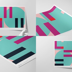 May include: A poster with a geometric design featuring pink, red, black, and teal shapes. The poster is on a white background.