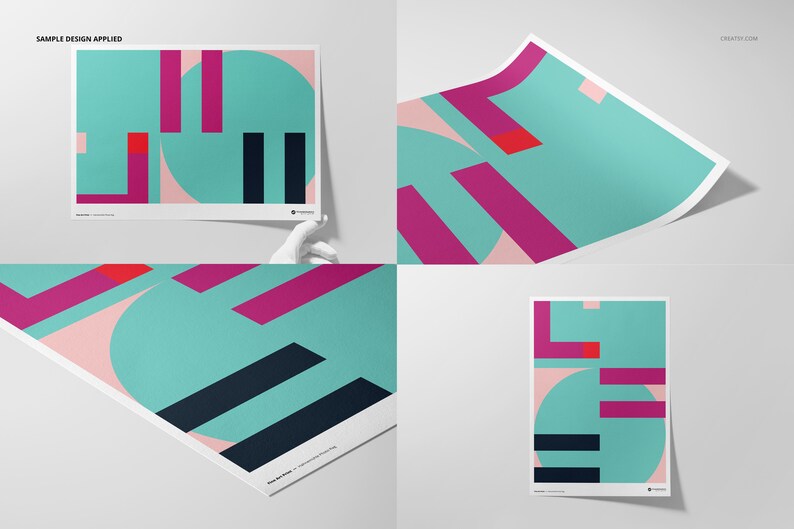 May include: A poster with a geometric design featuring pink, red, black, and teal shapes. The poster is on a white background.