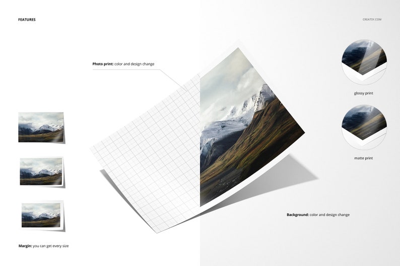 May include: A mockup of a photo print with a mountain landscape. The print is on a white background with a grid pattern. The print is available in glossy or matte finishes.