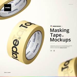 Op de afbeelding: Verschillende rollen afplaktape worden getoond tegen een neutrale achtergrond. De tape is lichtbruin van kleur met zwarte tekst die "Tape" en "Papertape" luidt. De afbeelding bevat ook de tekst "Masking Tape 01 Mockups".