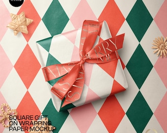 Square Gift on Wrapping Paper Mockup
