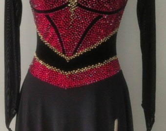 Black with gold and red rhinestones - Long Sleeves Skating Dress- Figure Skating dress made to fit- Elegant Ice skating dress