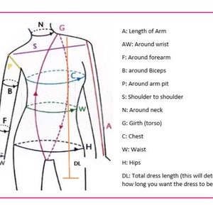 May include: Diagram showing how to take body measurements for a dress. The diagram shows a woman's body with lines and circles indicating where to measure. The measurements include length of arm, around wrist, around forearm, around biceps, around arm pit, shoulder to shoulder, around neck, girth (torso), chest, waist, hips, and total dress length.