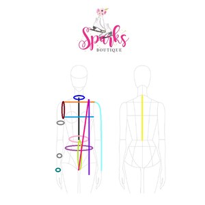 Peut inclure: Un mod&egrave;le de design de mode avec une silhouette f&eacute;minine, montrant les mesures du buste, de la taille, des hanches et des &eacute;paules. Le mod&egrave;le est marqu&eacute; de lignes de diff&eacute;rentes couleurs, notamment le bleu, le rouge, l'orange, le jaune, le vert, le violet et le rose.