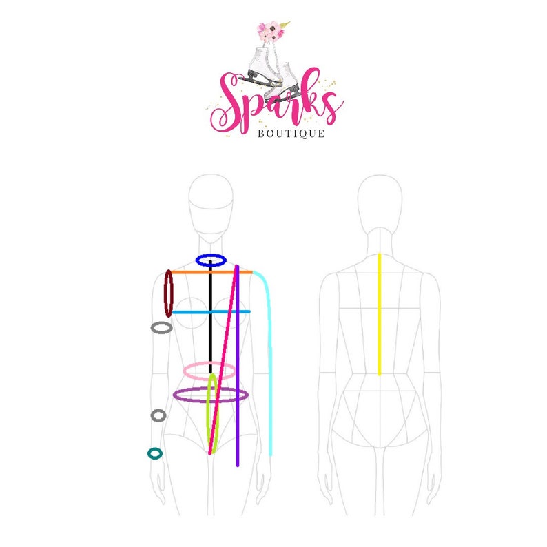 Peut inclure: Un mod&egrave;le de design de mode avec une silhouette f&eacute;minine, montrant les mesures du buste, de la taille, des hanches et des &eacute;paules. Le mod&egrave;le est marqu&eacute; de lignes de diff&eacute;rentes couleurs, notamment le bleu, le rouge, l'orange, le jaune, le vert, le violet et le rose.