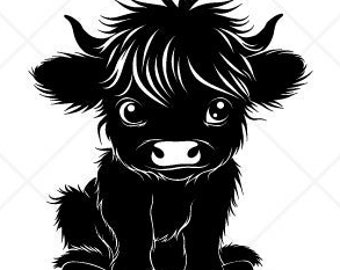 Söt höglandsko SVG Clipart-vektor Clip Art grafik-digital nedladdningsbar bild-kalv sittande-Cricut Cut filer-skyltdesign - png, dxf, eps