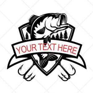 May include: Black and white vector graphic of a bass fish jumping out of the water with a banner that says "YOUR TEXT HERE". The fish is inside a shield shape with two fishing hooks crossed below. The graphic is designed for easy cutting.