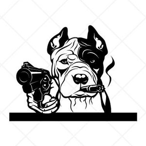 PITBULL DOG con pistola Clipart-Vector Clip Art Graphics-Descarga digital-Archivos listos para cortar-CNC-Logo-Vinyl Sign Design-eps, ai, svg, dxf, png,pdf