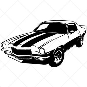 May include: Black and white silhouette of a classic car, a Chevrolet Camaro, with a black stripe down the hood. The image is labeled "Setup for EASY Cutting!" and "CREATED FOR EASY CUTTING!" with the text "SMOOTH LINES, REDUCED NODES and SIMPLE LAYERS WITHOUT CROSSING LINES RESULTS IN PERFECT CUTS! Our DXF files are specifically optimized for CNC cutting! ALL ARTWORK IS SIGN READY VECTOR ART".
