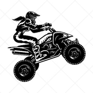Puede incluir: Silueta en blanco y negro de una persona conduciendo un quad. La imagen está etiquetada como "Setup for EASY Cutting!" y "CREATED FOR EASY CUTTING!" con el texto "SMOOTH LINES, REDUCED NODES and SIMPLE LAYERS WITHOUT CROSSING LINES RESULTS IN PERFECT CUTS! Our DXF files are specifically optimised for CNC cutting! ALL ARTWORK IS SIGN READY VECTOR ART".