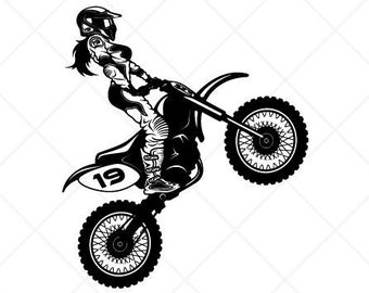 May include: Black and white vector illustration of a woman riding a dirt bike. The bike is in mid-air with the front wheel raised. The woman is wearing a helmet and goggles. The text "Setup for EASY Cutting!" and "CREATED FOR EASY CUTTING!" is at the top and bottom of the image. The text "SMOOTH LINES, REDUCED NODES and SIMPLE LAYERS WITHOUT CROSSING LINES RESULTS IN PERFECT CUTS!" is below the image. The text "Our DXF files are specifically optimized for CNC cutting!" is below the previous text. The text "ALL ARTWORK IS SIGN READY VECTOR ART" is below the previous text.
