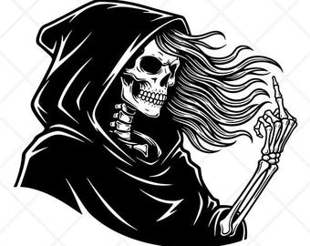 Female Grim Reaper SVG Clipart-Vector Clip Art-Download Image-Cricut Cut Files-Skeleton Flipping Middle Finger Design eps, ai, dxf, png, pdf
