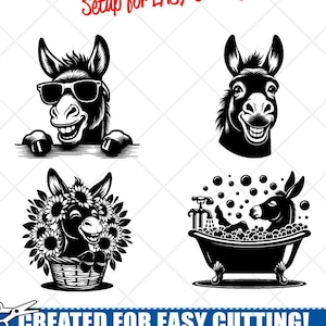 Ezel SVG-PNG bundel clipart-hand getrokken ezel met bloemen en zonnebril vector clip art-digitale download-cut bestanden-teken ontwerp-dxf, eps