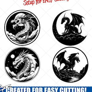 Puede incluir: Cuatro diseños circulares en blanco y negro con un dragón en diferentes poses. El texto "Setup for EASY Cutting!" y "CREATED FOR EASY CUTTING!" está en la parte superior e inferior de la imagen. El texto "SMOOTH LINES, REDUCED NODES and SIMPLE LAYERS WITHOUT CROSSING LINES RESULTS IN PERFECT CUTS!" está debajo de la imagen. El texto "Our DXF files are specifically optimized for CNC cutting!" está debajo del texto anterior. El texto "ALL ARTWORK IS © SIGN READY VECTOR ART" está en la parte inferior de la imagen.