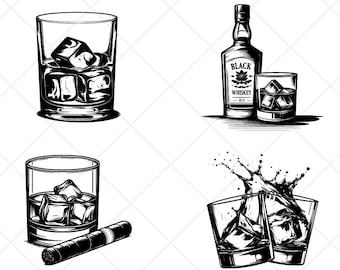 Whiskey SVG Bundle Clipart-Whiskey BOTTLE and GLASS with Cigar Vector Clip Art-Digital Download-Engraving Cut Files-Sign Design-png, dxf,eps