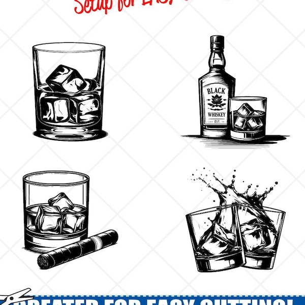 Whisky SVG Bundle Clipart-Whiskey BOTTLE und GLAS mit Zigarren Vektor Clip Art-Digital Download-Gravur Cut Files-Schild Design-png, dxf, eps
