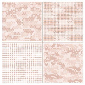 Puede incluir: Cuatro patrones diferentes en tonos de rosa y blanco. Los patrones son un camuflaje hexagonal, un camuflaje pixelado, un patrón de lunares y un patrón de píxeles cuadrados.