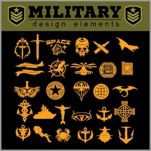 Peut inclure: Une collection de 25 éléments de design militaire orange sur un fond noir. Les éléments comprennent une épée, un crâne, un hélicoptère, une étoile, une ancre, une croix, un dragon, un avion, un globe et plus encore.