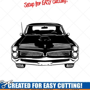 May include: Black and white silhouette of a classic car, a 1960s Pontiac GTO, with the text "Setup for EASY Cutting!" and "CREATED FOR EASY CUTTING!"  "SMOOTH LINES, REDUCED NODES and SIMPLE LAYERS WITHOUT CROSSING LINES RESULTS IN PERFECT CUTS!"  "Our DXF files are specifically optimized for CNC cutting!"  "ALL ARTWORK IS SIGN READY VECTOR ART"