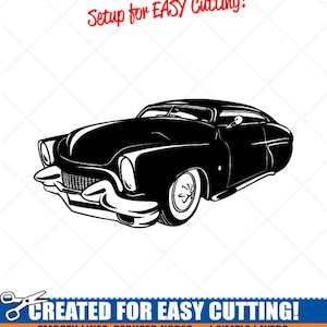 May include: Black and white silhouette of a classic car, with the text "Setup for EASY Cutting!" and "CREATED FOR EASY CUTTING!"  "SMOOTH LINES, REDUCED NODES and SIMPLE LAYERS WITHOUT CROSSING LINES RESULTS IN PERFECT CUTS! Our DXF files are specifically optimized for CNC cutting! ALL ARTWORK IS SIGN READY VECTOR ART"