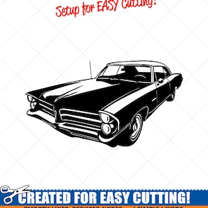 May include: Black and white silhouette of a classic car, with the text "Setup for EASY Cutting!" and "CREATED FOR EASY CUTTING!" at the top and bottom of the image. The text below the car reads "SMOOTH LINES, REDUCED NODES and SIMPLE LAYERS WITHOUT CROSSING LINES RESULTS IN PERFECT CUTS! Our DXF files are specifically optimized for CNC cutting! ALL ARTWORK IS © SIGN READY VECTOR ART"