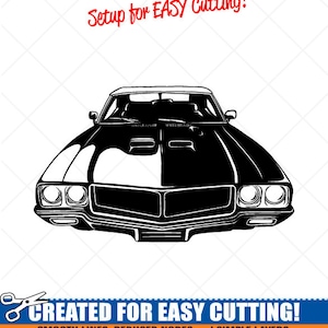 May include: Black and white silhouette of a classic car, front view, with the text "Setup for EASY Cutting!" and "CREATED FOR EASY CUTTING!" in red. The text below reads "SMOOTH LINES, REDUCED NODES and SIMPLE LAYERS WITHOUT CROSSING LINES RESULTS IN PERFECT CUTS! Our DXF files are specifically optimized for CNC cutting! ALL ARTWORK IS © SIGN READY VECTOR ART"
