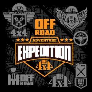 May include: A black and white graphic design with the text "Off Road Adventure Expedition 4x4" in a bold, white font. The design features a tire tread pattern, a steering wheel, and other off-road vehicle parts.