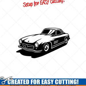 May include: Black and white silhouette of a classic car, with the text "Setup for EASY Cutting!" and "CREATED FOR EASY CUTTING!" at the top and bottom of the image. The text below the car reads "SMOOTH LINES, REDUCED NODES and SIMPLE LAYERS WITHOUT CROSSING LINES RESULTS IN PERFECT CUTS! Our DXF files are specifically optimized for CNC cutting! ALL ARTWORK IS SIGN READY VECTOR ART"