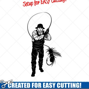 May include: Black and white silhouette of a person fly fishing. The image includes the text "Setup for EASY Cutting!" and "CREATED FOR EASY CUTTING!" The text below the image reads "SMOOTH LINES, REDUCED NODES and SIMPLE LAYERS WITHOUT CROSSING LINES RESULTS IN PERFECT CUTS! Our DXF files are specifically optimized for CNC cutting! ALL ARTWORK IS © SIGN READY VECTOR ART"