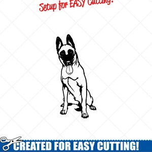 May include: Black and white vector art of a dog, with the text "Setup for EASY Cutting!" and "CREATED FOR EASY CUTTING!". The dog is a Belgian Malinois, sitting with its tongue out. The design is optimized for CNC cutting.