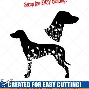 Könnte beinhalten: Schwarze Silhouette eines Hundes mit weißen Blumen innerhalb der Kontur. Der Text "Setup for EASY Cutting!" und "CREATED FOR EASY CUTTING!" befindet sich oben und unten im Bild. Der Text "SMOOTH LINES, REDUCED NODES and SIMPLE LAYERS WITHOUT CROSSING LINES RESULTS IN PERFECT CUTS!" befindet sich unterhalb der Hundesilhouette. Der Text "Our DXF files are specifically optimized for CNC cutting!" befindet sich unterhalb des vorherigen Textes. Der Text "ALL ARTWORK IS SIGN READY VECTOR ART" befindet sich unten im Bild.