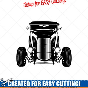 May include: Black and white line art illustration of a vintage hot rod car. The image is labeled "Setup for EASY Cutting!" and "CREATED FOR EASY CUTTING!" with the text "SMOOTH LINES, REDUCED NODES and SIMPLE LAYERS WITHOUT CROSSING LINES RESULTS IN PERFECT CUTS! Our DXF files are specifically optimized for CNC cutting! ALL ARTWORK IS © SIGN READY VECTOR ART".