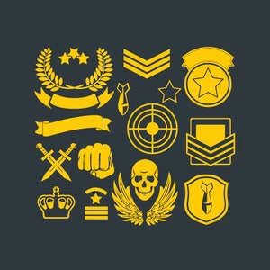 May include: A collection of yellow military-themed icons, including a crown, a skull with wings, a target, a fist, crossed swords, a bomb, a star, and various ranks and badges.
